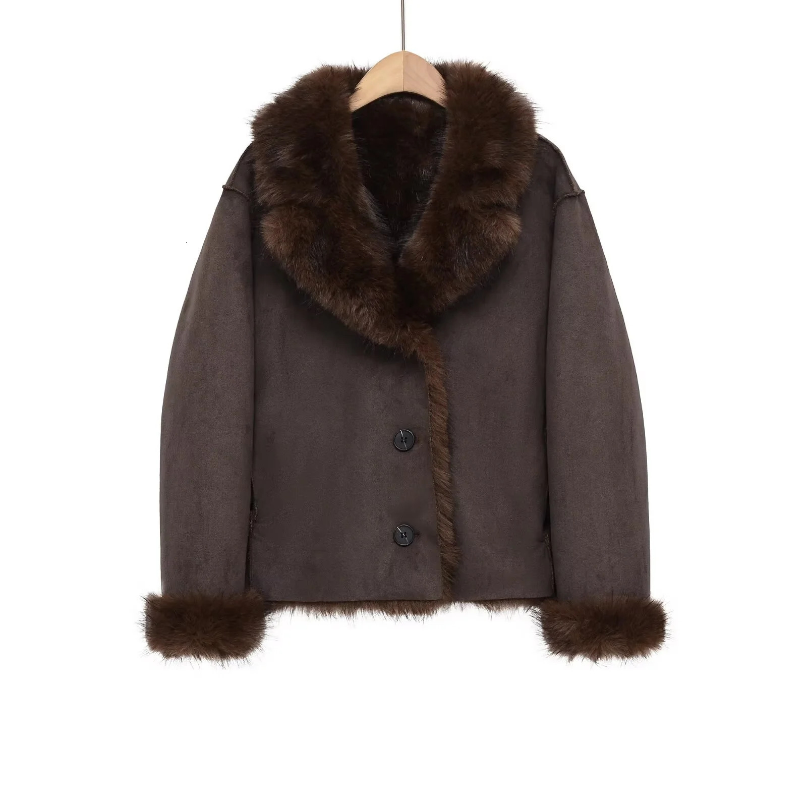 Automne femmes décontracté revers à manches longues mode boutonné réversible fausse fourrure effet veste 251204