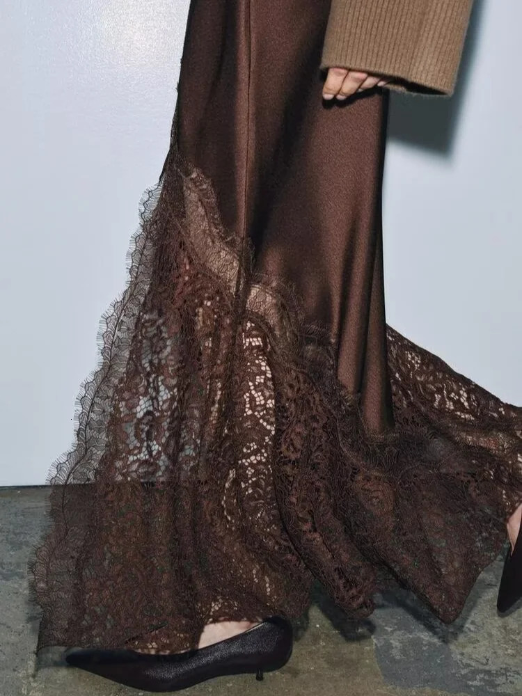Sexy Lace Patchwork Long Skirt Women Elegant Fashion Solid Waist Cinched Midlength Bottom Lady Party Daily Street Skirts 251204