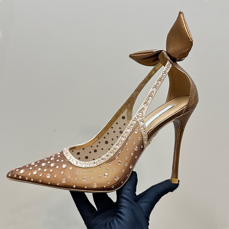 Printemps et été nouvelle dentelle strass incrusté sandales à talons hauts arc pointu talon de rosée décoratif dames chaussures de mariage de lux