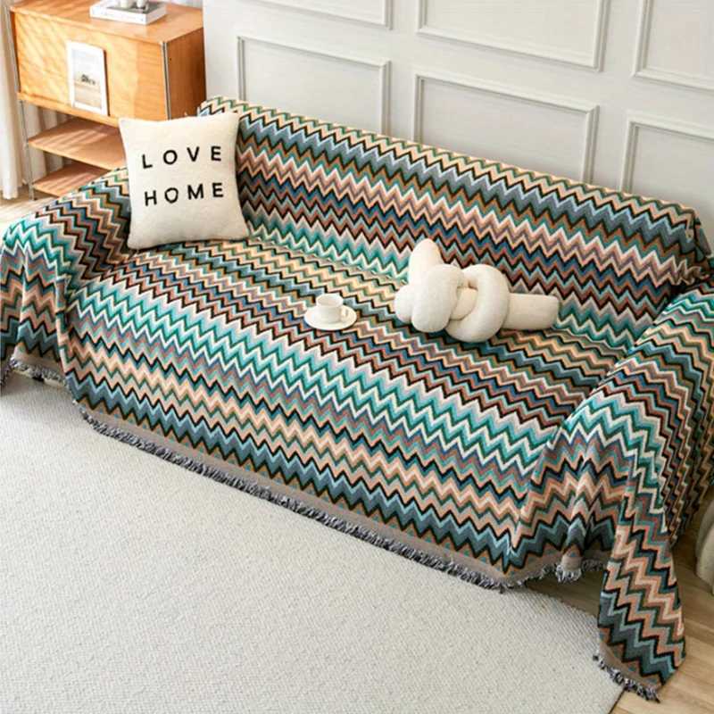 1PC Ethnic Sofa Towel Wave Print Jacquard Sofa Blanket With Tassels Four Seasons Universal Double Face Usable Home Decor M251204-image-1087197367
