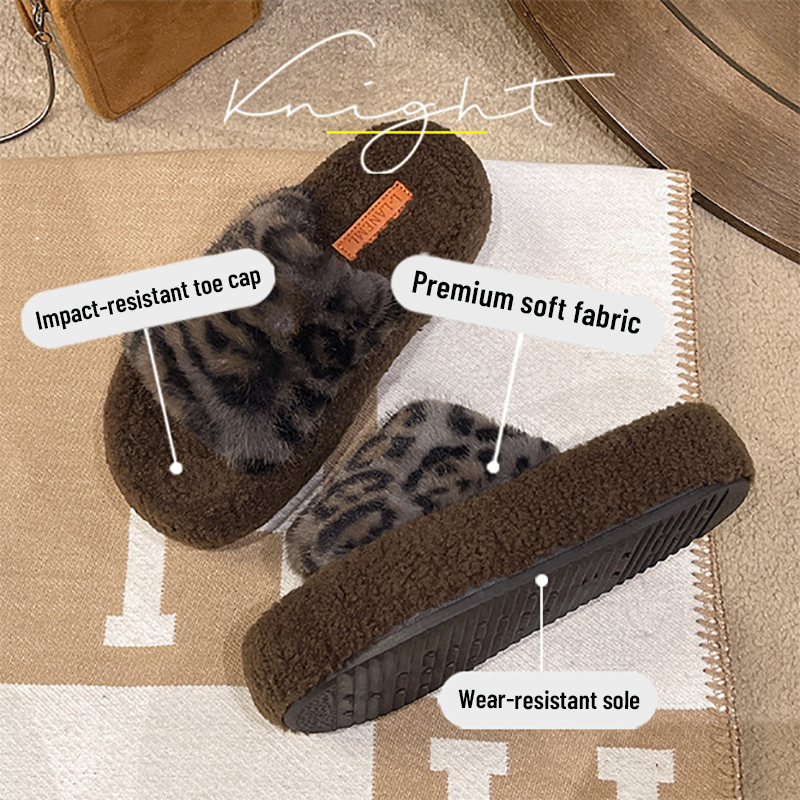 Diapositives de créateurs fausse fourrure pantoufles pour femmes imprimé léopard mules en peluche kaki gris beige hauteur douce augmenter sandale