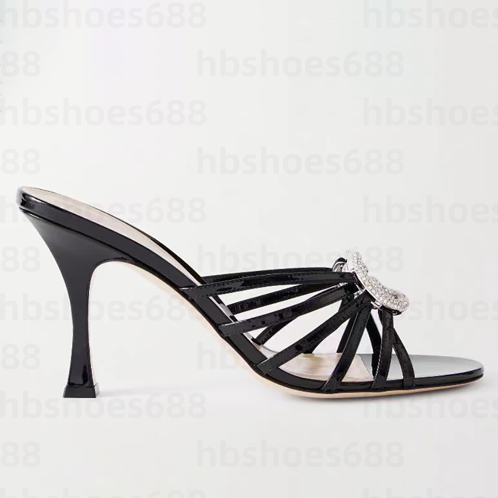 Designer High Talon Pantoufles Mule Femmes Robe Chaussures Sandales Luxe Strass Boucle Décoration Cuir Peep-Toes Talon Aiguille Slipper Taille 35