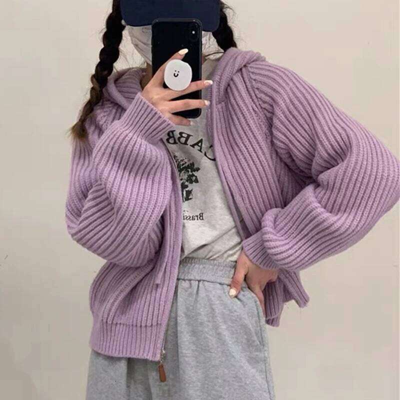 Cardigan à capuche décontracté, ample, manches longues, veste tricotée courte, doux, fermeture éclair, haut élégant, tricot de couleur unie, nouv