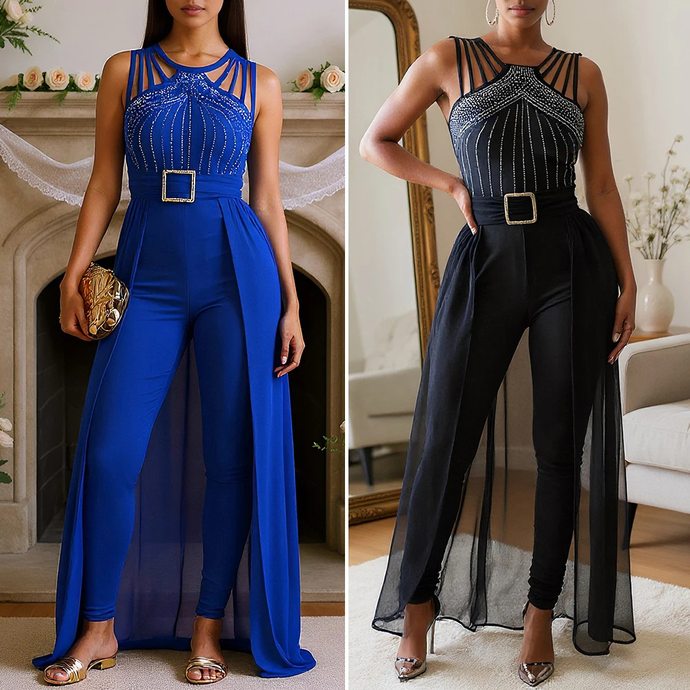 Womens Wide Leg Jumpsuits Fall Essential Solid Sleeveless Round Neck Ankle Length Sequin Detailing 251204