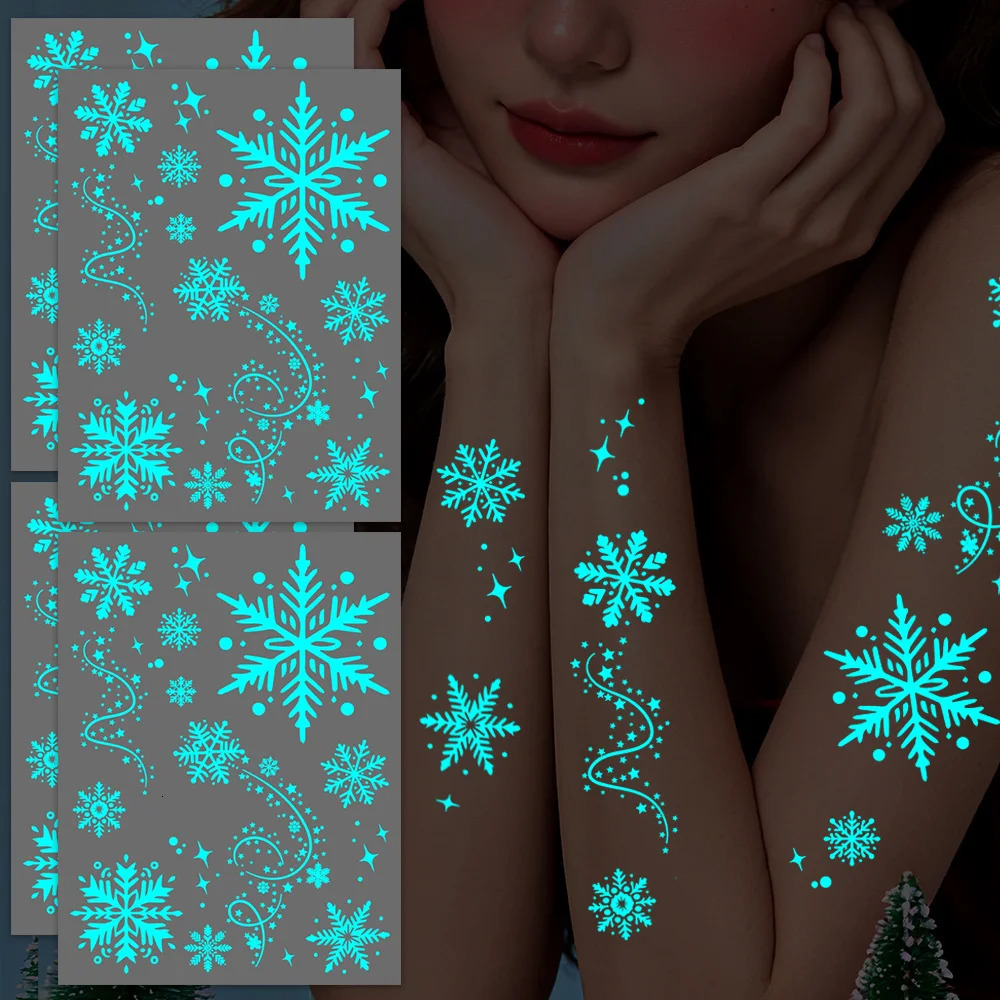 Tatouages ​​de flocon de neige bleu magique 4 feuilles - Glow in the Dark Christmas Body Art Autocollants imperméables pour cadeaux de vacances G