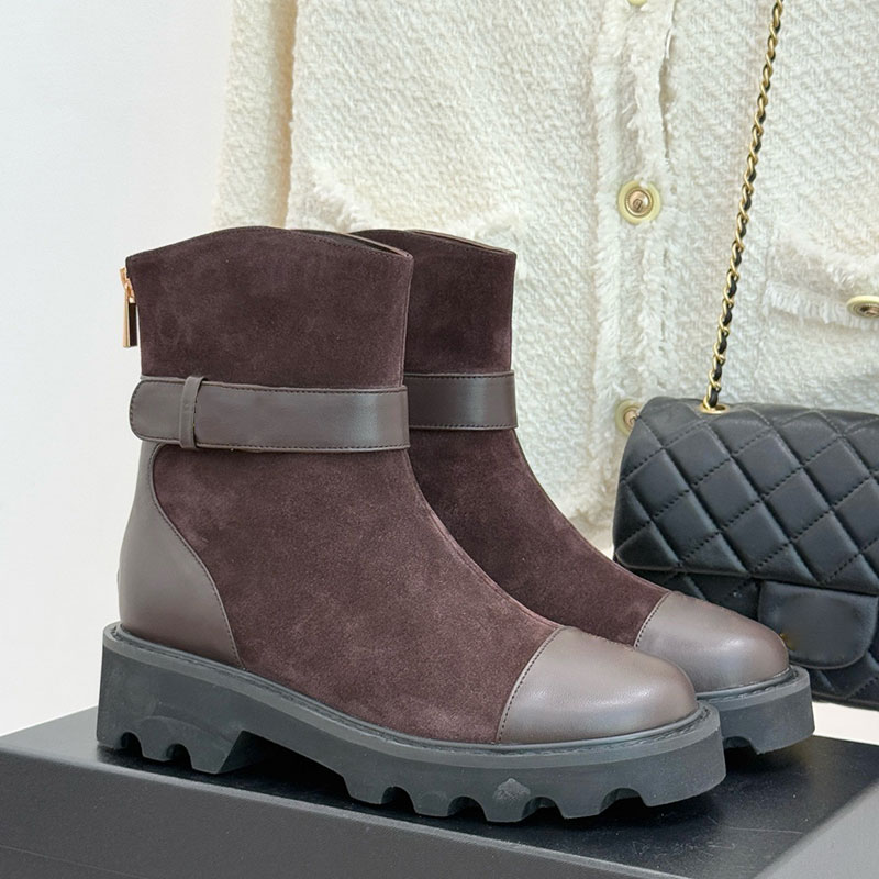 Ladies Luxury Color Blocked Thick Soled Motorcycle Boots Designer Retro Ankle boot Womens Fashionable Boot Zipper Design Sizes 35-41