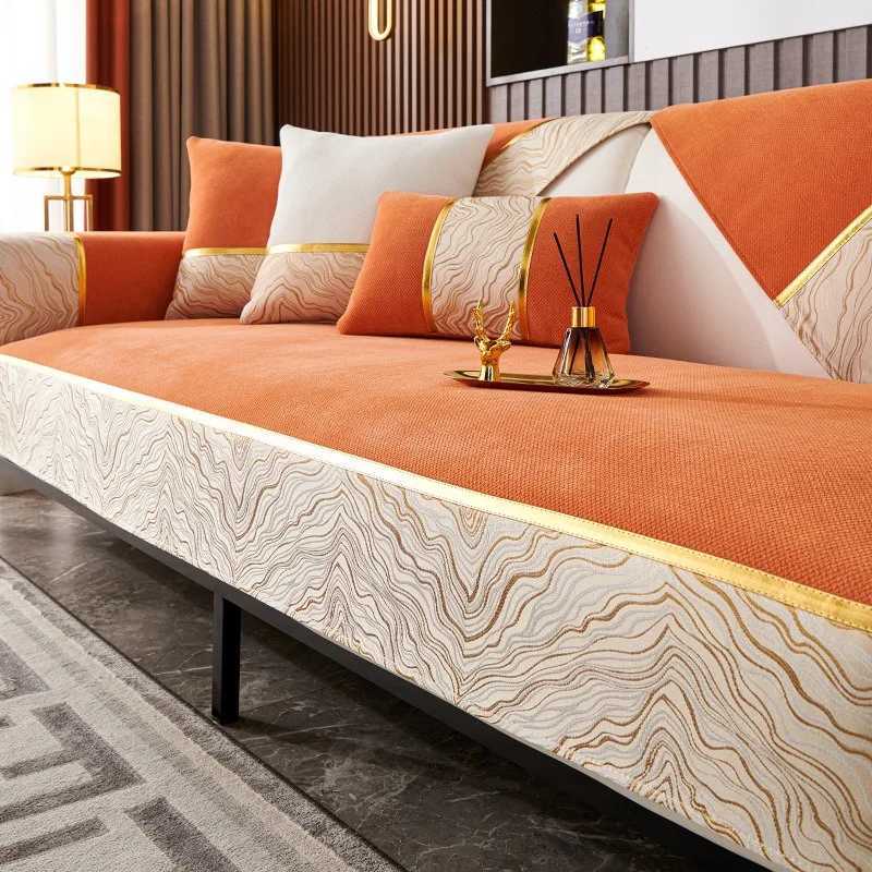 Chenille Orange Real Leather Sofa Cushion Fur Sofa Cover Non-slip and Dustproof Thick Soft Couch Cover Furniture Protector M251204-image-1087198493
