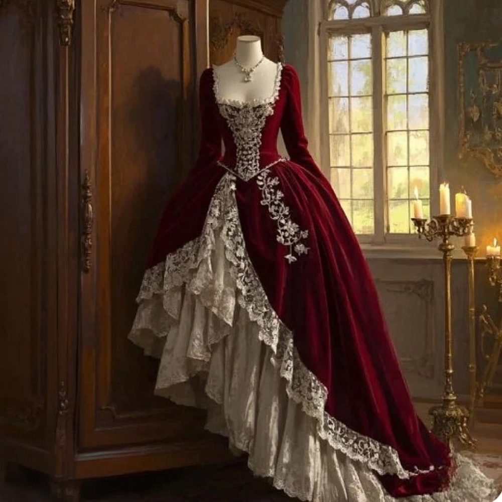Renaissance Médiévale Robes De Bal Bourgogne Velours Asymétrique Robes De Soirée Dentelle Appliques Manches Longues Vintage Mascarade Princesse C