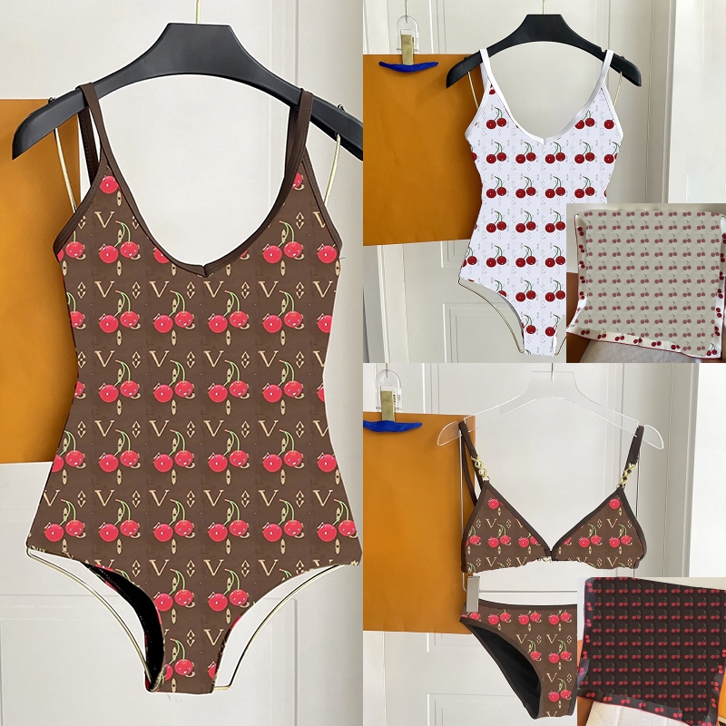 Luxury Cherry Printed Swimsuit With Scarf Designer Bathing Suit Summer Beach Swimwear Cover Up Bikini Women Vacation Pool Party Swim Suit