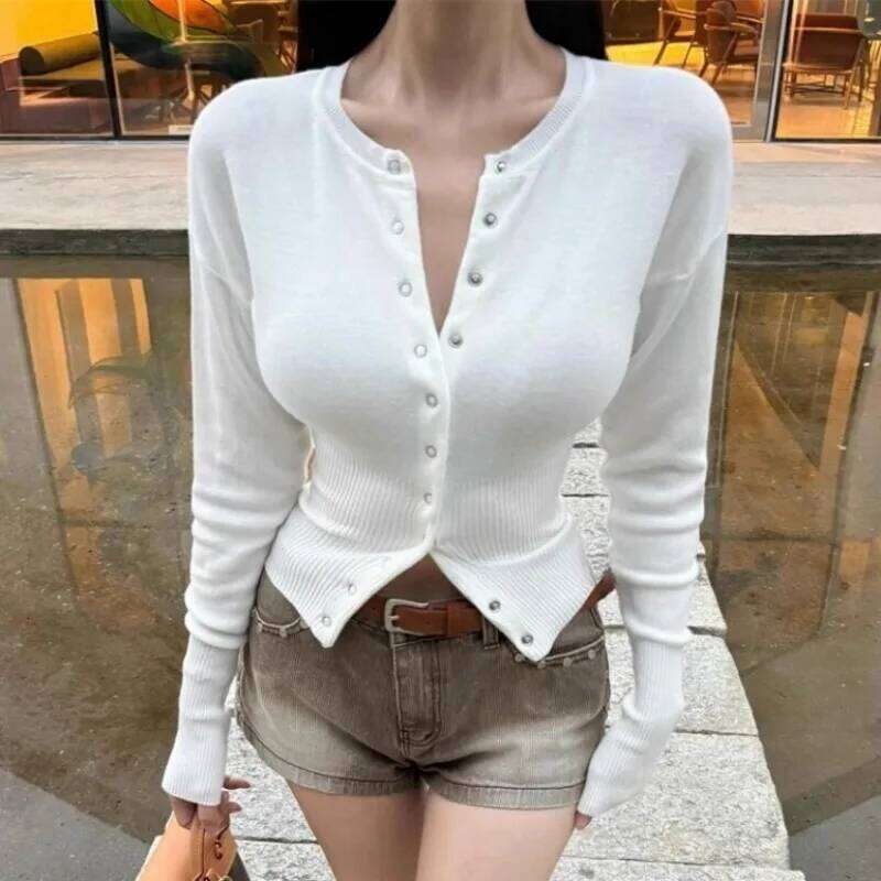 Cardigan en tricot de couleur unie pour femme, haut court Sexy, côtelé, à la mode, col rond, pull à manches longues, automne