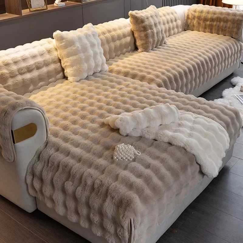 Thicken Rabbit Plush Sofa Cover Nordic Solid Color Sofa Towel Covers Non-slip Couch Slipcovers Sofa Towel for Living Room Decor M251204-image-1087196464