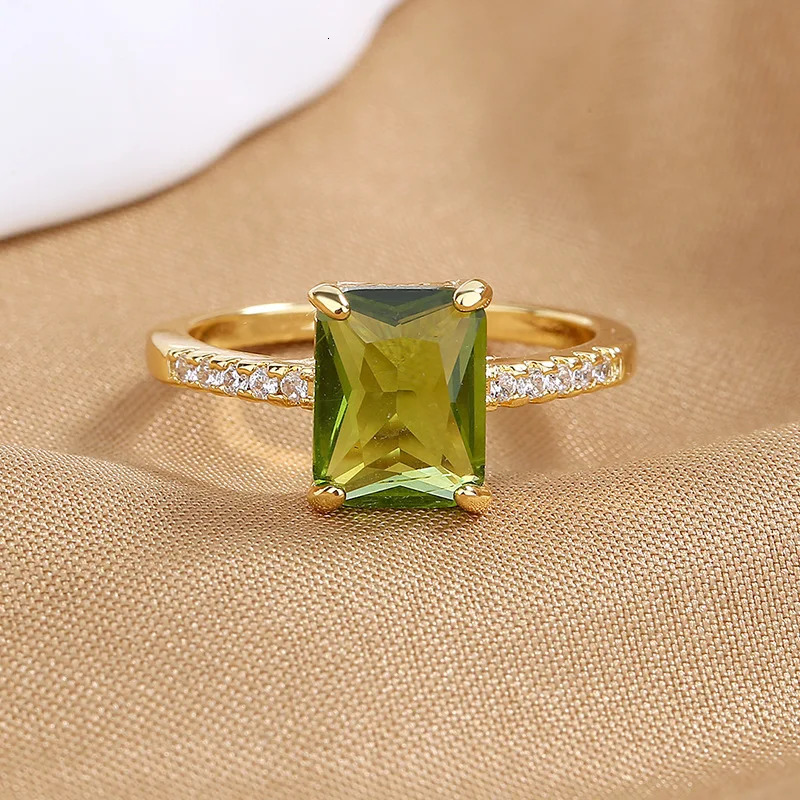 Bagues carrées en pierre vert olive coupée princesse pour femmes, couleur or antique, bandes de mariage géométriques en zircon, promesse de fianç