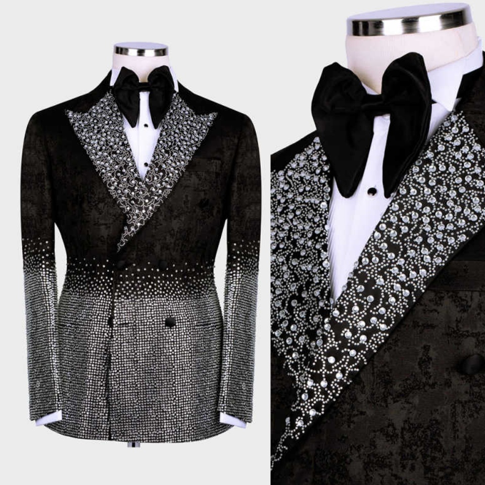 Ensemble de 2 pièces de luxe personnalisé en diamant pour hommes, costume à Double boutonnage et paillettes en cristal, Tuxedos de marié, Ropa Ho