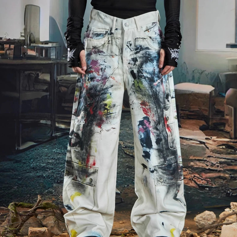 Punk Style Jeans Rock Graffiti Stained Loose Straight Tube 3D Printed Denim Pants Men and Women 251201