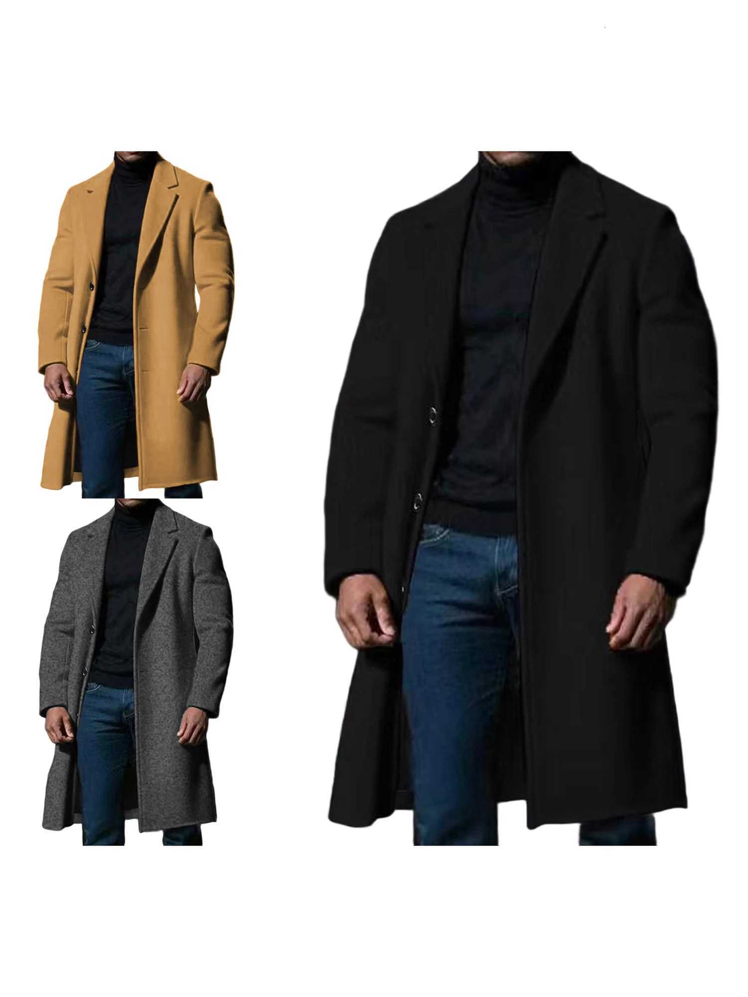 Men s Classic Wool Blend Pea Coat with Notched Lapel Winter Warm Long Sleeve Solid Color Single Breasted Overcoat Trench CoatXJ251204