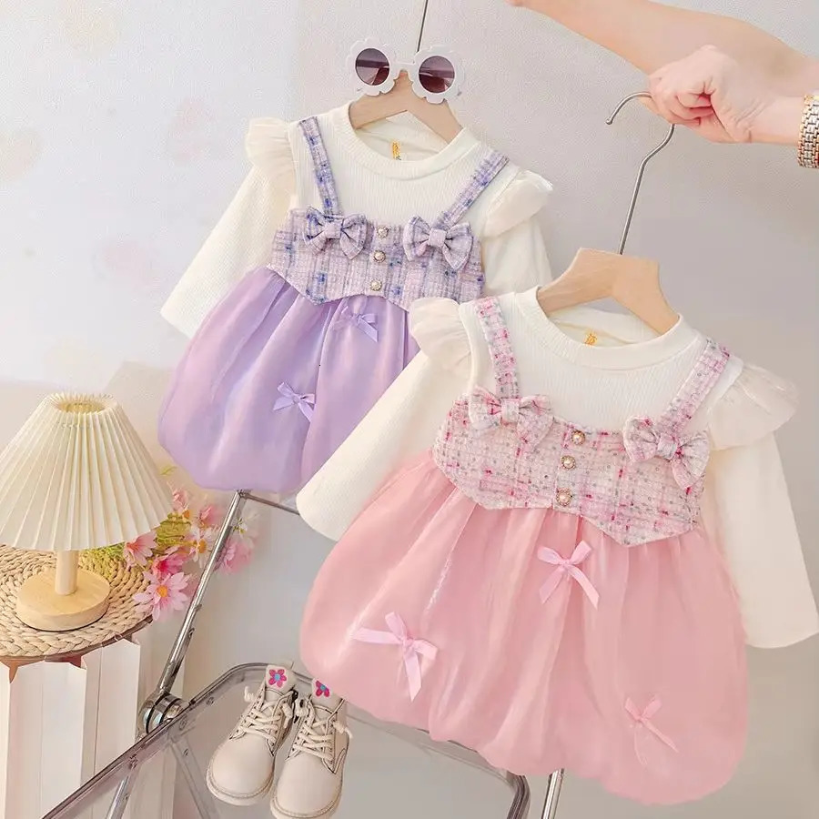 Robe de princesse à carreaux pour petites filles, manches longues, avec nœud, élégante, vêtements confortables pour enfants, automne et printemps