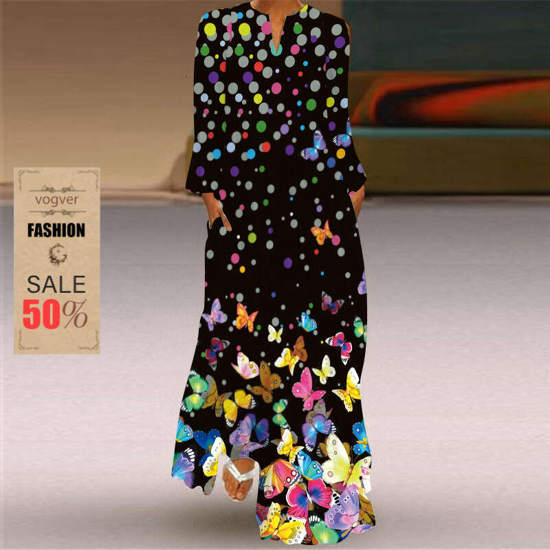 Dress for Women Designer Luxury Spring 2026 Summer New Women's V-neck Long Sleeve Pocket Printed Loose Fashion Print Women's Dress