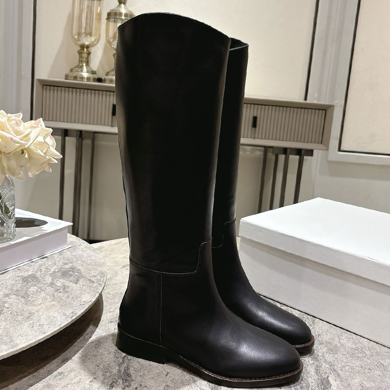 Anais Riding Boot Calfskin 365285231C Designer Almond Toe Shape Motorcycle Boots Womens Leather Knee High boot Ladie Thick Soled Boot Rubber Outsole