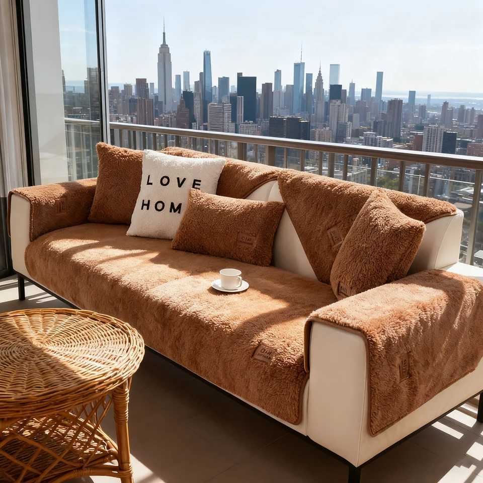 Lamb Wool Sofa Cover Plush Soft Warm Cushion Couch Protector Thicken Non-Slip Solid Color Slipcover for Living Room Decor Modern M251204-image-1087199000