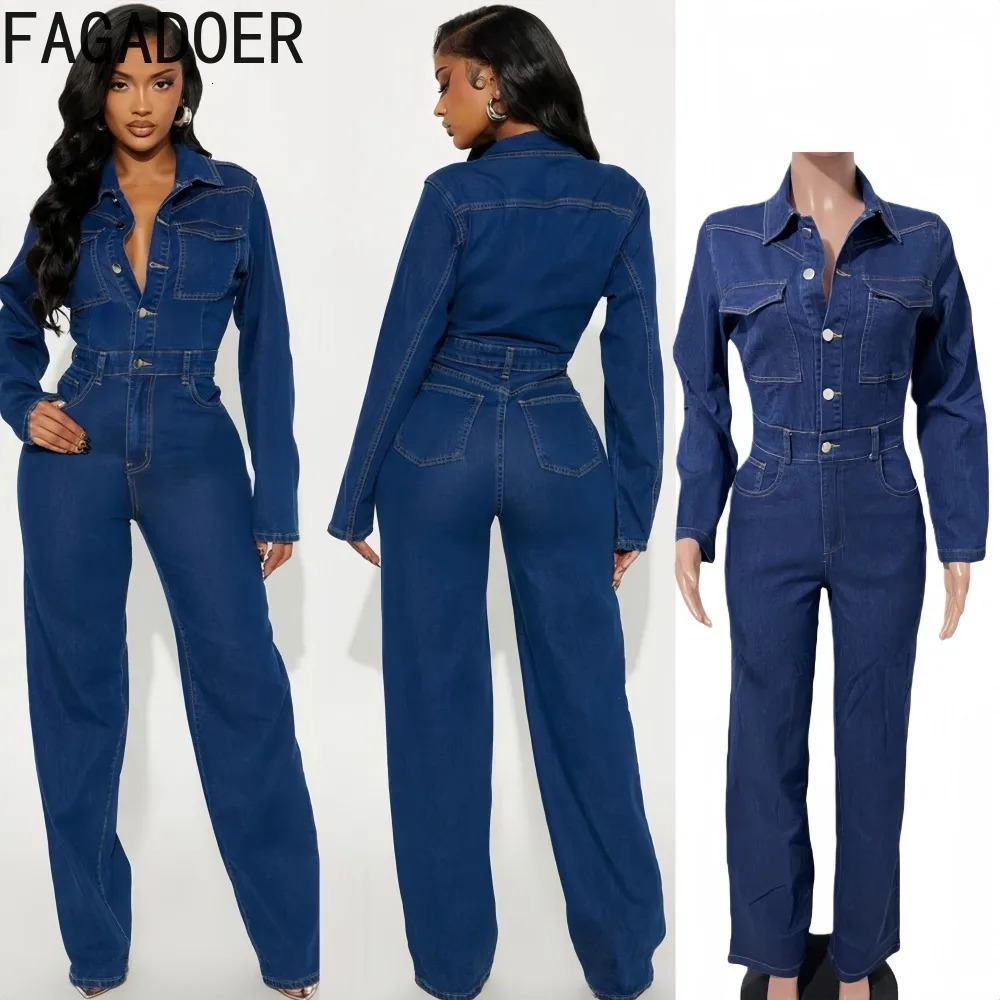 FAGADOER Winter Fashion Denim Bodycon Jumpsuits Woman Solid Color Long Sleeves Single Breasted Rompers Female Streetwear 251204