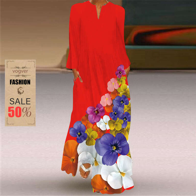 Dress for Women Designer Luxury Spring 2026 Summer New Women's V-neck Long Sleeve Pocket Printed Loose Dress Fashion