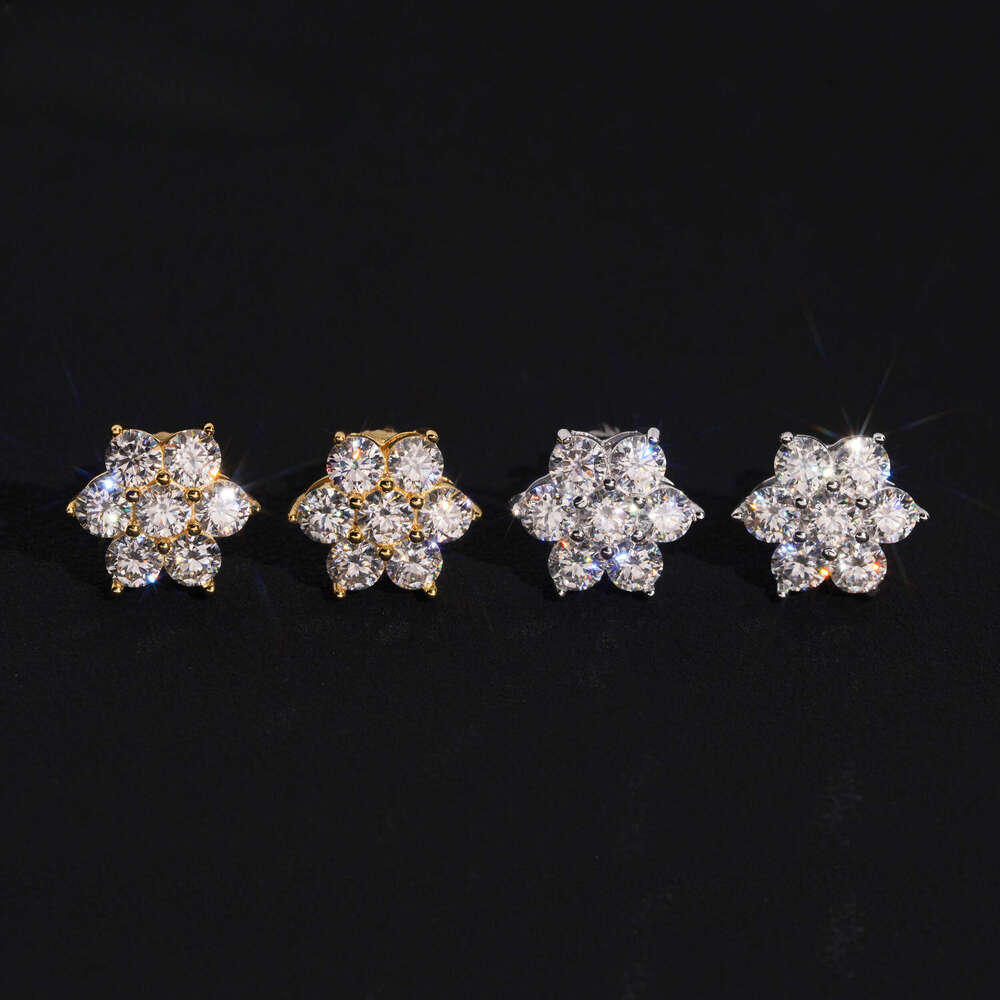 Boucles d'oreilles de créateurs chaudes avec boucles d'oreilles florales plaquées or en argent sterling 925 Ice VVS Moisanite pour bijoux fins