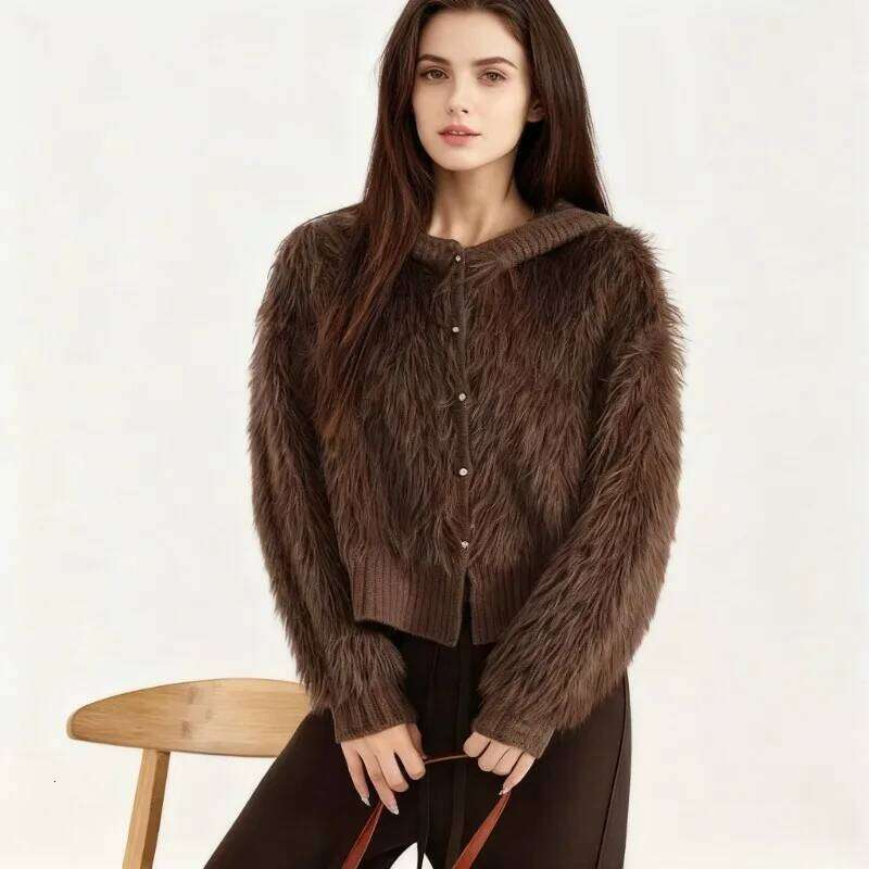 Pull à capuche tricoté en peluche pour femme, couleur unie, doux et décontracté, manteau Cardigan court, nouvelle mode coréenne, automne et hiver