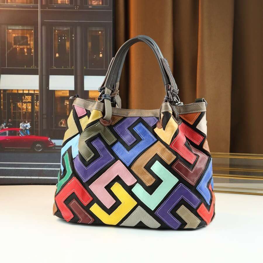 Sac de créateur Nouveau Vintage Lettre Bloc de Couleur En Cuir Véritable Mode Unique Épaule Bandoulière Sac À Main Pour Femme Transfrontalier Ten