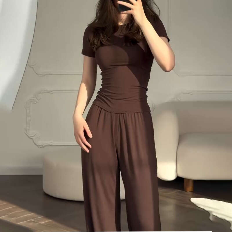 Summer European And American Women's New Fashion Round Neck Slim Casual Versatile Loose Elastic Wide-Leg Pants Set For Women B5