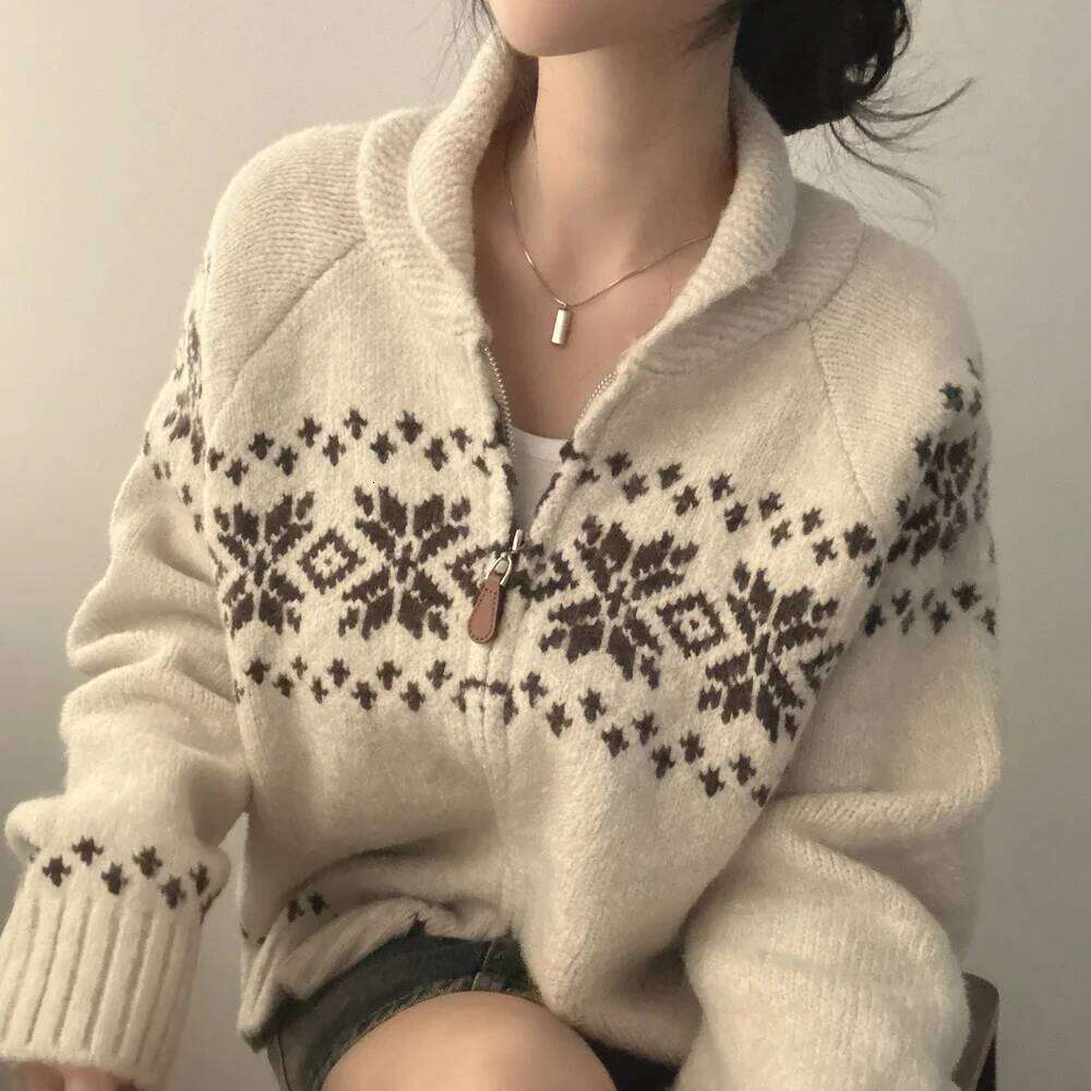 Cardigan Jacquard tricoté décontracté de Style coréen pour femme, pull élégant à manches longues avec fermeture éclair, veste à revers, nouvelle