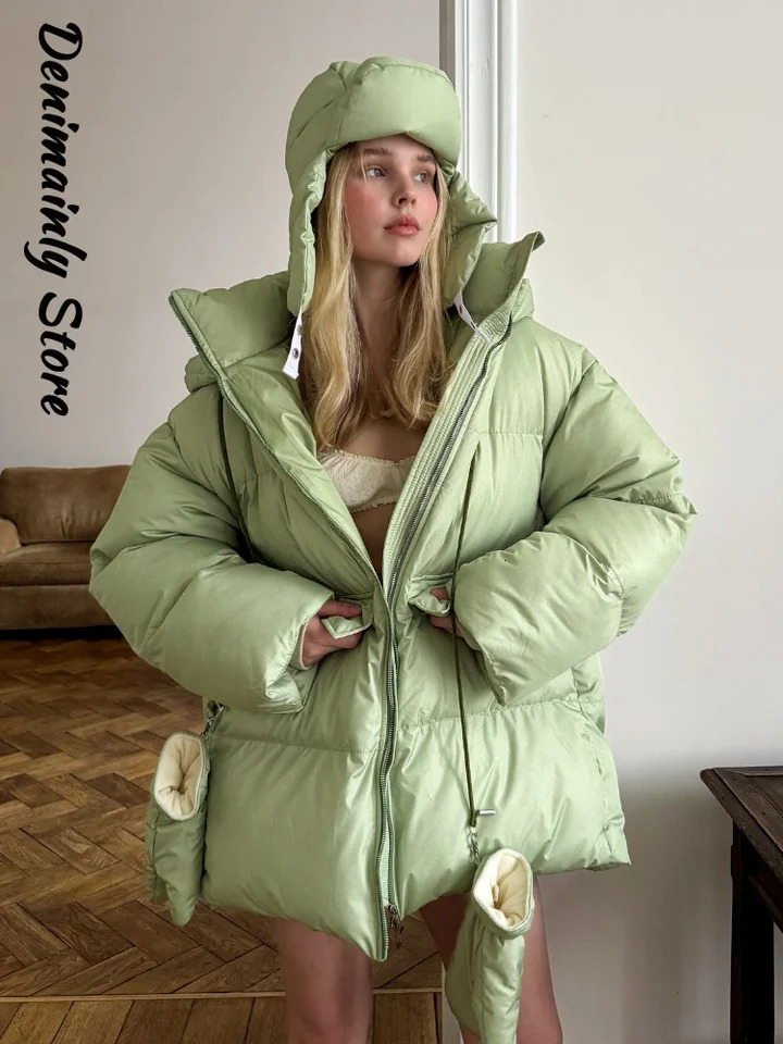 Fashion Print Zipper Hooded Cotton Jacket Women Stand Collar Full Sleeve Loose Street Warm Coats 2025 Winter Lady Chic Outwear251201