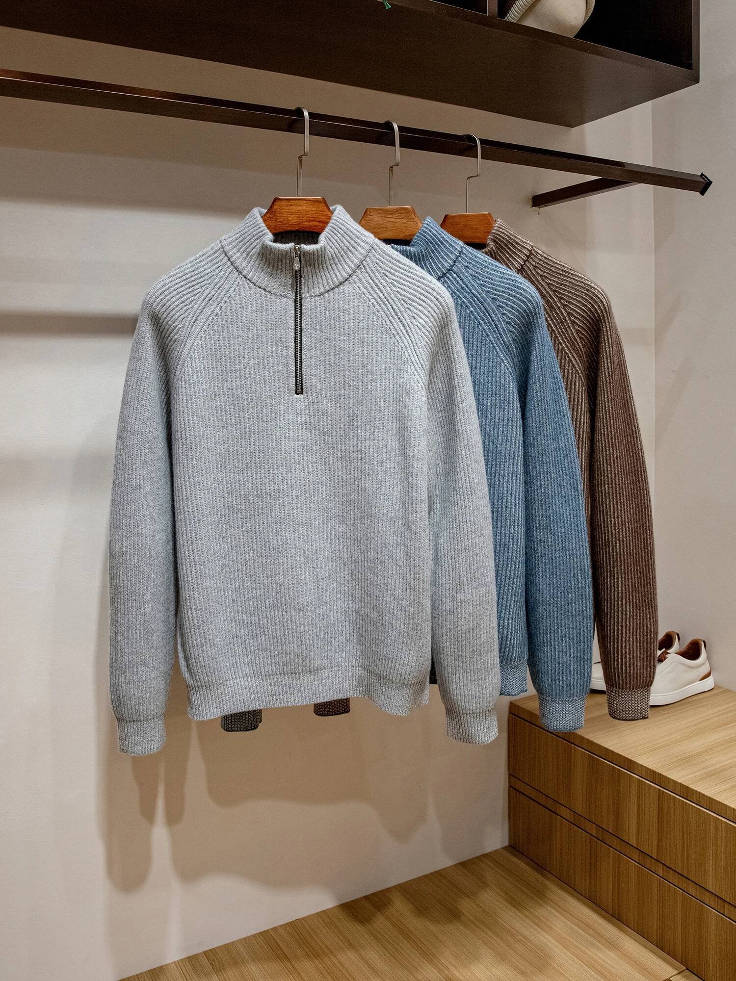 Men's Classic High-Weight 100% Wool Thick Warm Sweater With Semi-Zipper Stand-Up Collar Fashionable Knitted Style