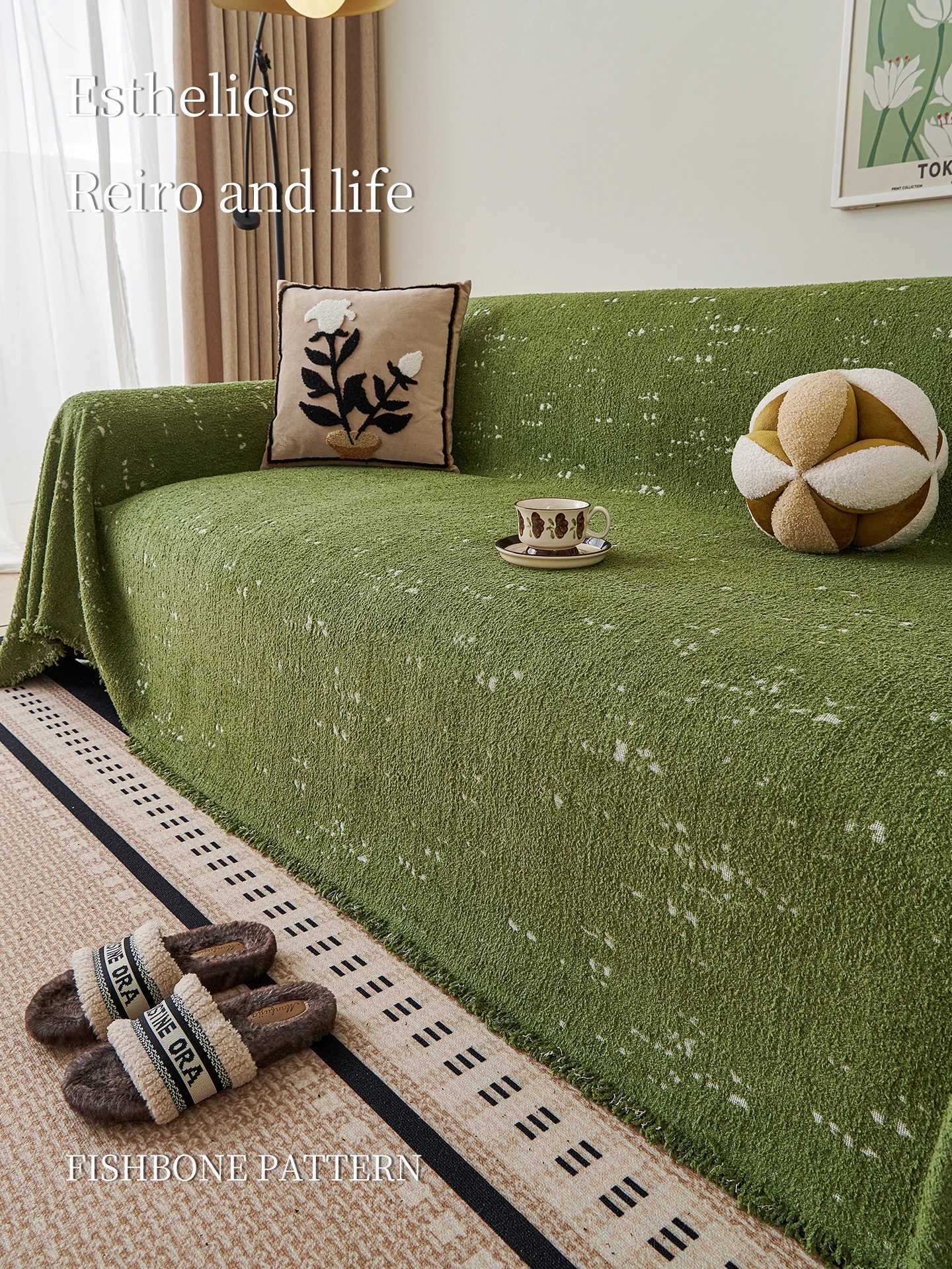 Green Thick Cat Proof Sofa Cover Chenille Full Coverage Reversible Protector for 2/3/4 Seater Couch M251204-image-1087196934