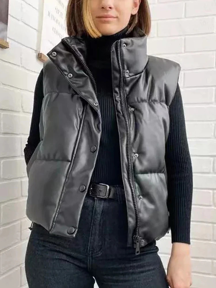 Autumn Winter PU Leather Coat Women Black Stand Collar Vest Fashion Zipper Elegant Short Vests Female Ladies 251129