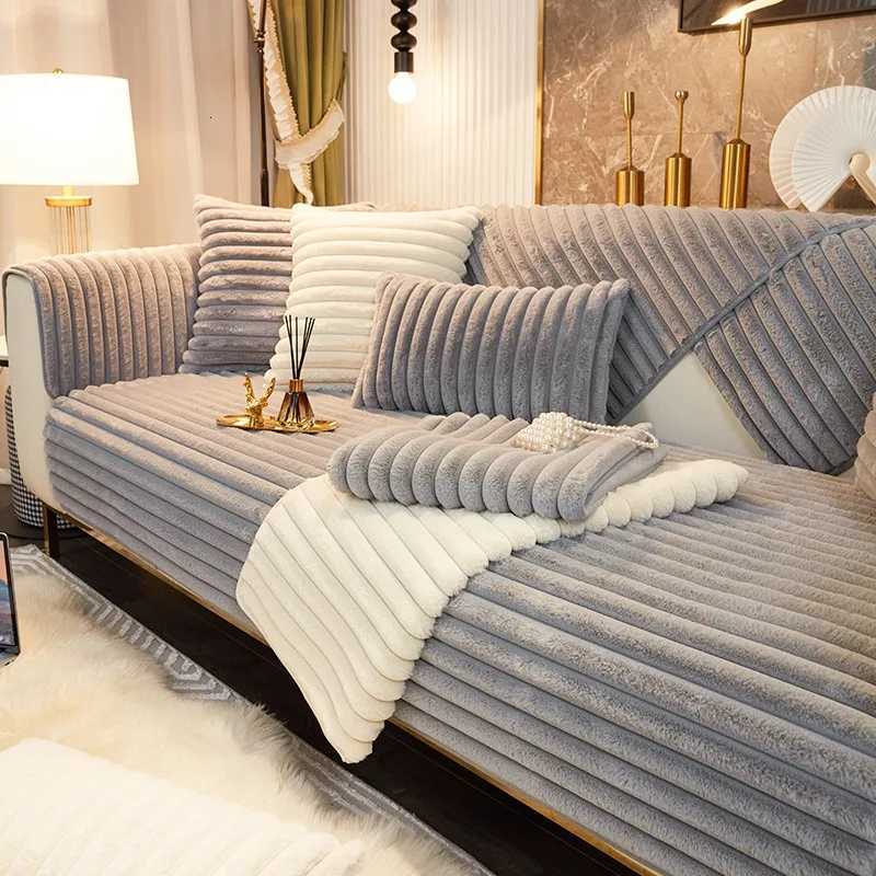 Thicken Plush Stripe Immitation Rabbit Fur Non-Slip Sofa Cover for Winter Living Room Couch Seat Decor Slipcover Sofa Towel M251204-image-1087200320