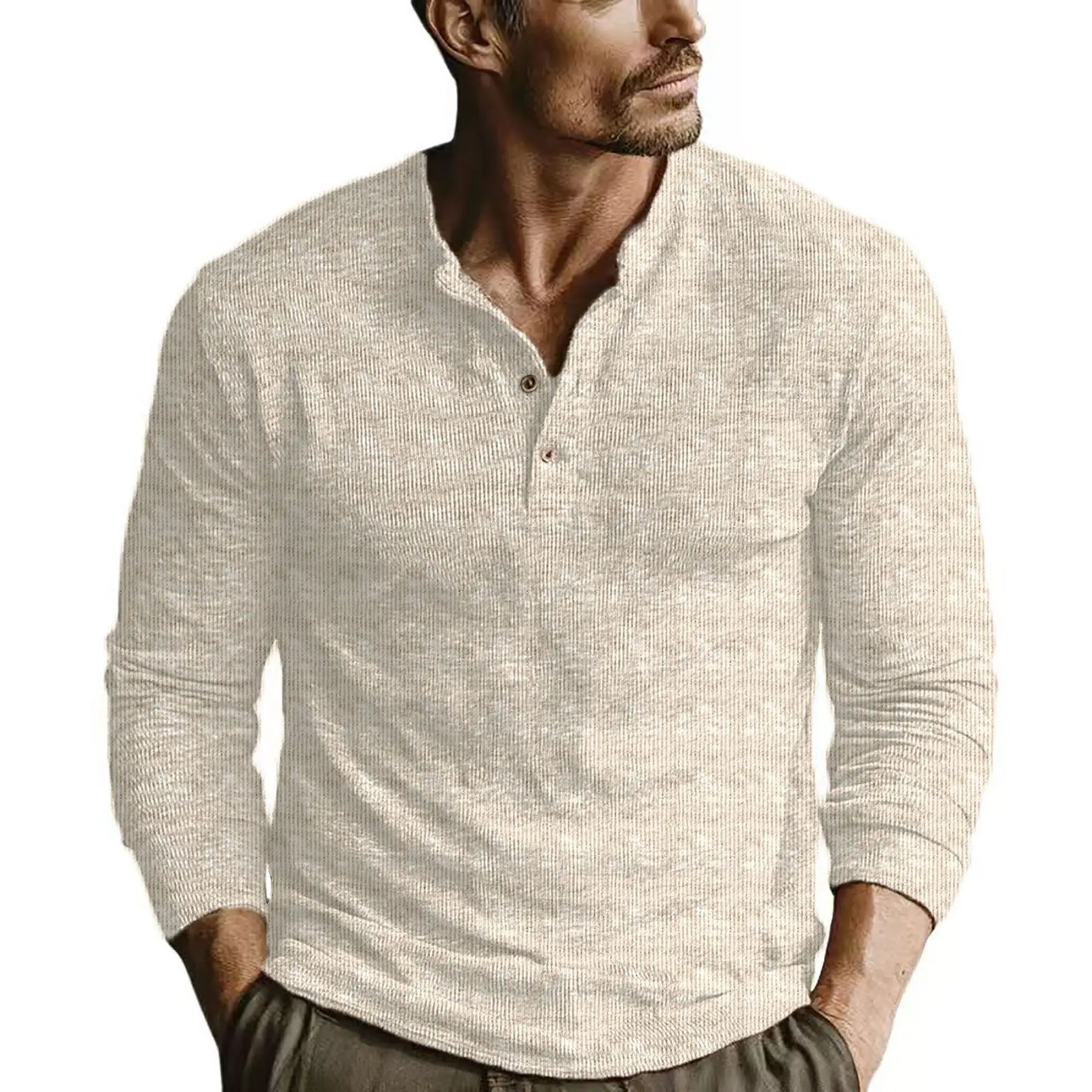 Autumn mens longsleeve Henry collar solid color casual Tshirt slimfit stretchy halfbutton placket for men 251204