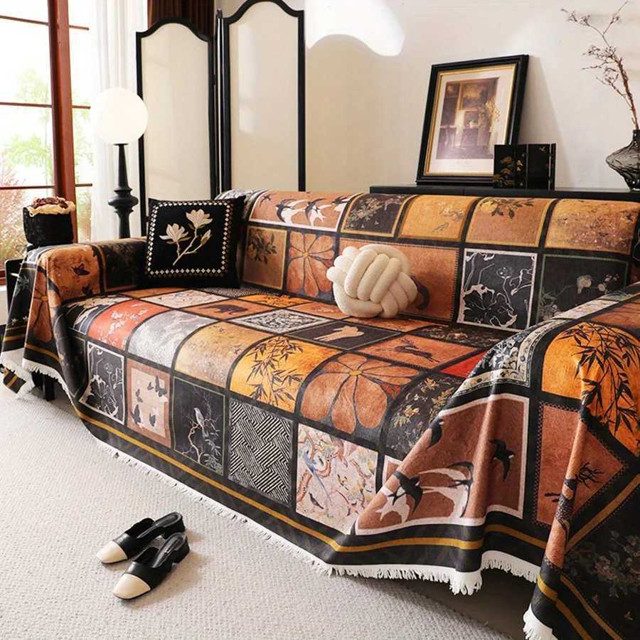 1pc Old Money Style Chenille Sofa Towel Retro Painted Grid Print Sofa Throw Blanket with Tassels All-cover Couch Protector M251204-image-1087197637