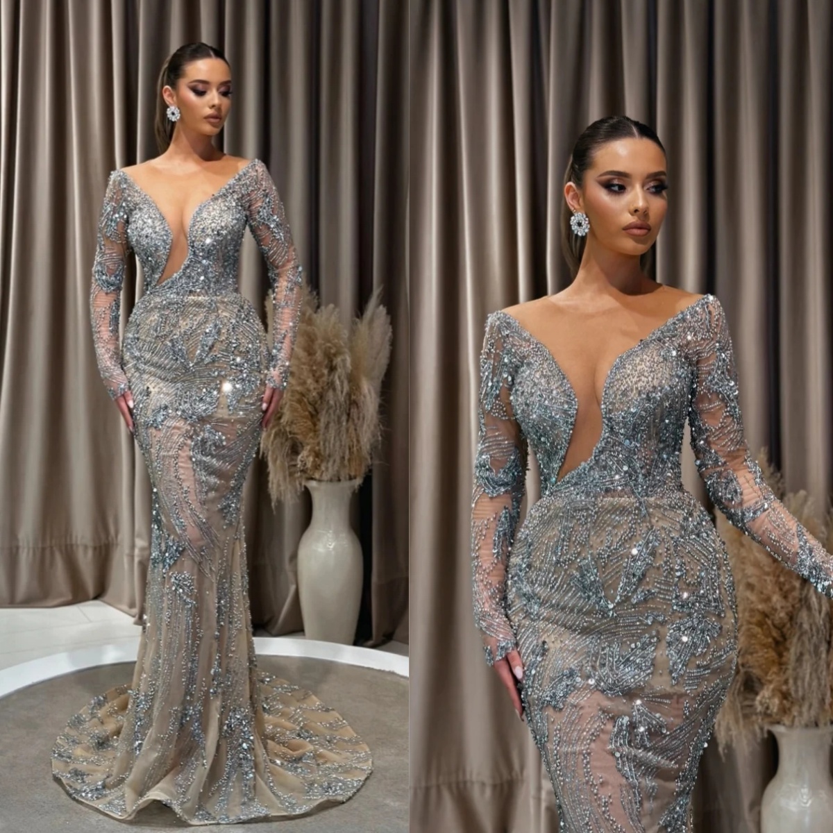 Luxe à manches longues perles robes de soirée sexy cristal perlé sirène robe de bal personnalisé longueur de plancher voir à travers la robe de s