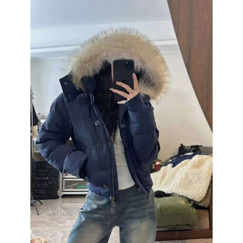 Y2k American Retro Fluffy Fur Collar Hooded Cotton Coat Women Solid Cream Winter Warm Slim Casual Jacket
