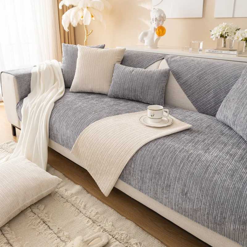 Winter New Style Plush Sofa Cushion Modern Simple Non-Slip Solid Color Corduroy Striped Sofa Cushion Towel M251204-image-1087199283