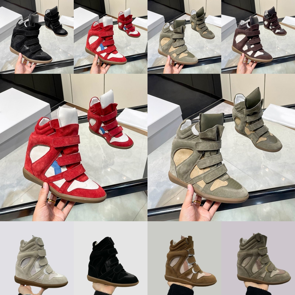 Bekett Women Boots Top Brand Designer Bottes Square Toe Black Beige Leopard Khaki Brown Green Pink Red High Cut Trimmed Suede Wedge Casual Platform