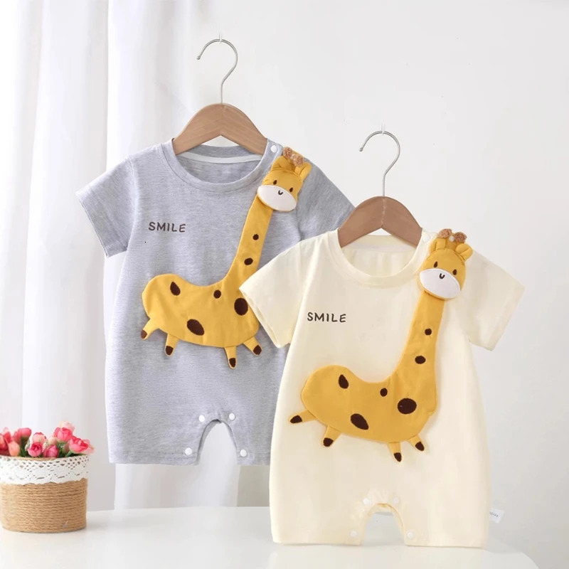 Barboteuse d'été à manches courtes pour bébé, barboteuse respectueuse de la peau pour garçons et filles, combinaison mignonne de girafe de dessin