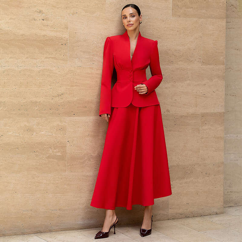European And American Women's Fashion New Solid Color Sleeve V-Neck Button Top Bodycon Long Skirt Casual Set B5