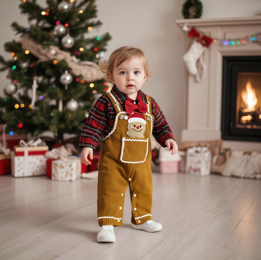 Vêtements de Noël pour bébé garçon, imprimé à carreaux, manches longues, barboteuse à revers, homme en pain d'épice, broderie, pantalon global, t