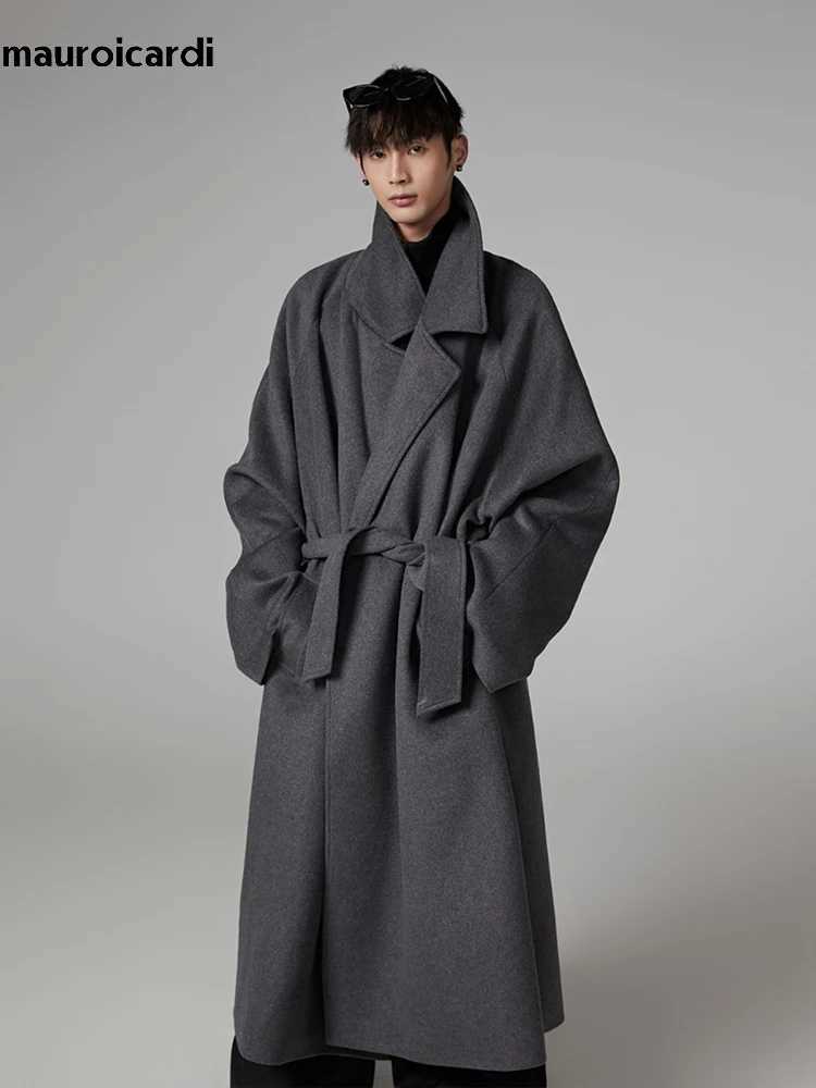 Mauroicardi Autumn Winter Oversized Extra Long Warm Gray Wool Blends Coat Men Sashes Raglan Sleeve Luxury Woolen Overcoat 2025XJ251204