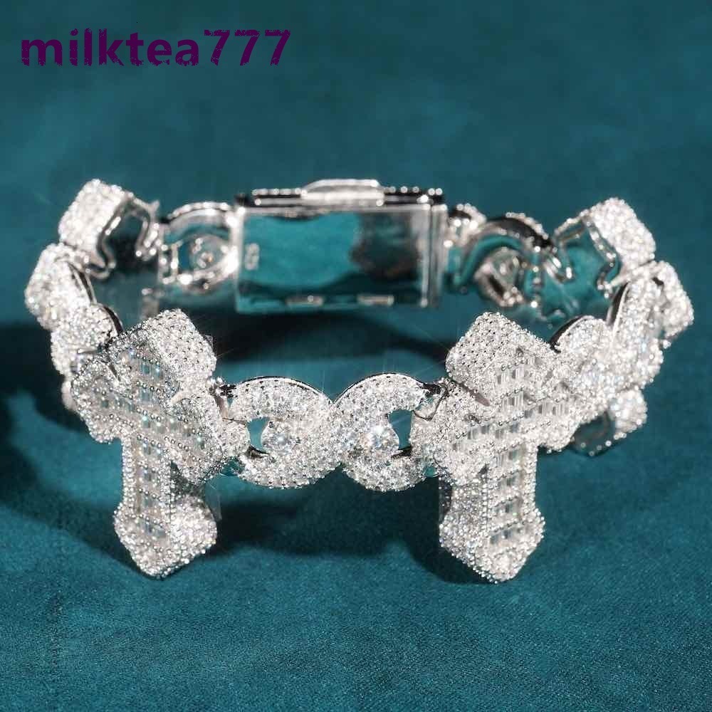 Gallerley Custom Jewelry Cuban Bracelet 925 Silver Iced Out 15MM Moissanite Cross Infinity Link Bracelet