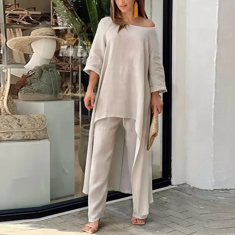 Ensemble 2 pièces pour femmes, robe asymétrique à manches longues et col rond, taille haute élastique, jambes larges, pantalon solide, grande tai