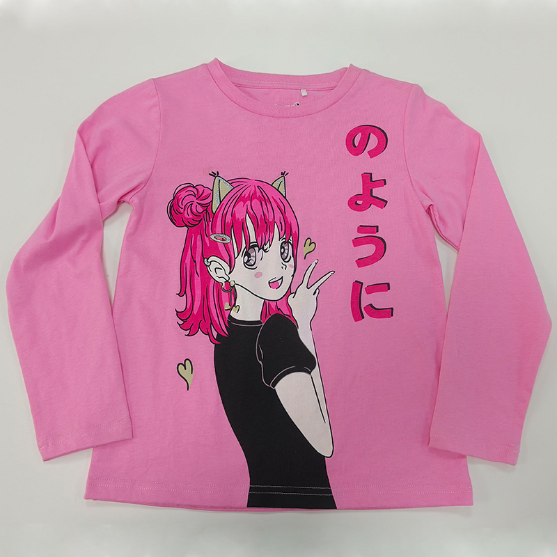 Haut rose doux à manches longues pour filles, avec imprimé mignon de petite fille, en pur coton