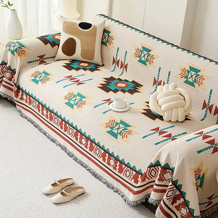 1pc Sofa Blanket Geometric Print Sofa Cover With Tassels Four Seasons Universal Double Face Usable Pet Friendly Home Decor M251204-image-1087197631