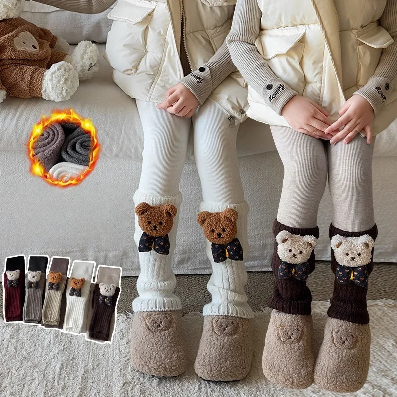 2026 coton polaire doublé filles leggings dessin animé ours bowknot chaud pantalon épaissi pour enfants mignon hiver jambière collants 251204